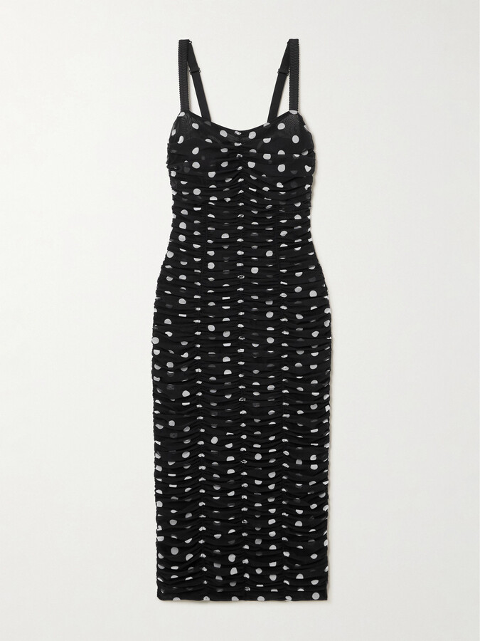 Dolce & Gabbana - Ruched Polka-dot Tulle Midi Dress - Black