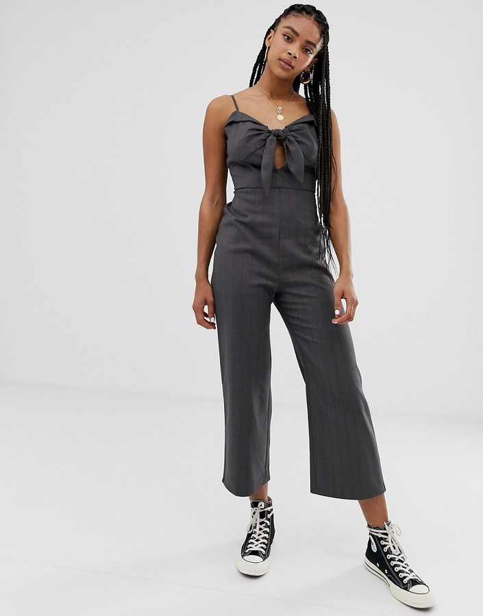 wild honey pinstripe flared dungaree jumpsuit