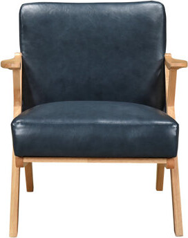 George Oliver Blue Faux Leather Upholstered Chair, Solid Wood, Natural Finish, Living Space Accent Chair With Leather, Rubberwood, 22\