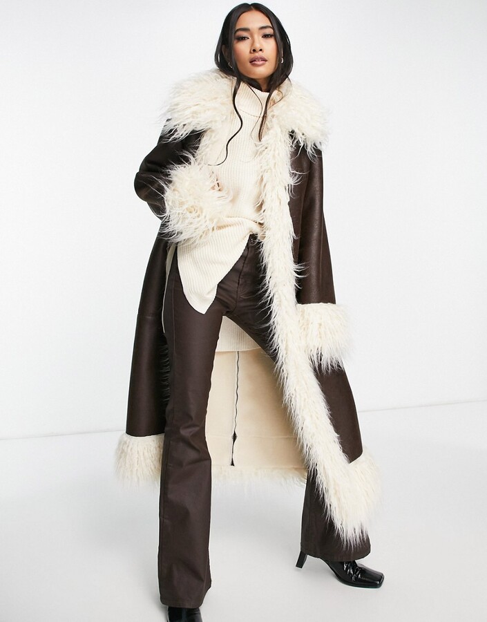 Topshop faux suede & fur trim long coat in brown - ShopStyle