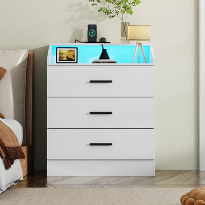 Wrought Studio Jurene 3 Drawers Dresser with Power Outlet, Chest of Drawers with LED Light