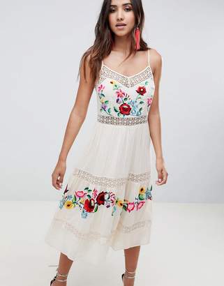 ASOS Design DESIGN Lace Insert Crinkle Tiered Midi Dress With Embroidery