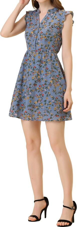 Unique Bargains Women’s Floral Ruffle V-Neck Cap Sleeve Casual Summer Dress