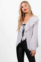 Thumbnail for your product : boohoo Spot Print Ruffle Tie Front Blouse