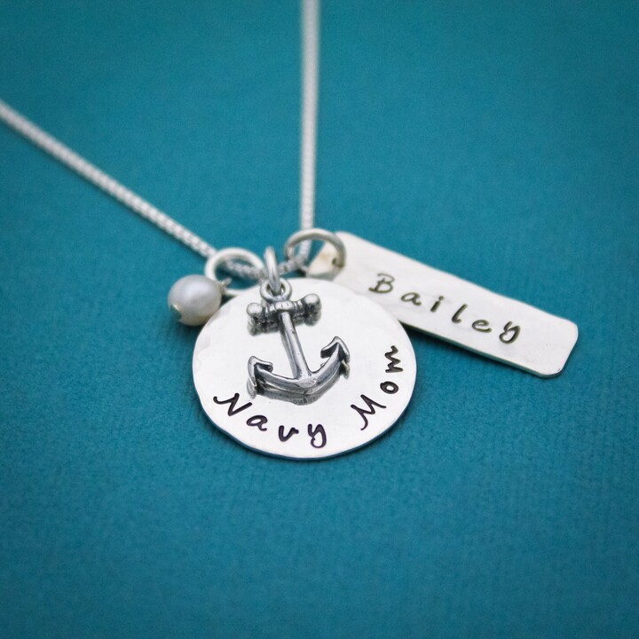 Etsy Personalized Navy Mom Sterling Silver Anchor Necklace - Name & Birthstone Charm