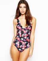 Thumbnail for your product : ASOS Rose Print Cut Out Swimsuit