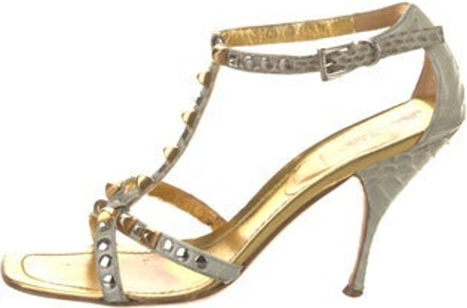 Prada Python T-Strap Sandals Gold & Metallic Leather Trim Leather