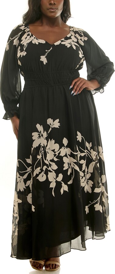 Taylor Plus Size Floral-Print Elastic-Waist Chiffon Maxi Dress - Black/ivory