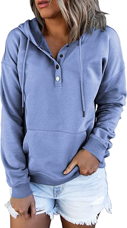 KINGFEN Womens Hooded Sweatshirt with Buttons Plain Winter Jumpers for  Womens Long Sleeve Tops Loose Fitting Blue UK18 UK20 - ShopStyle