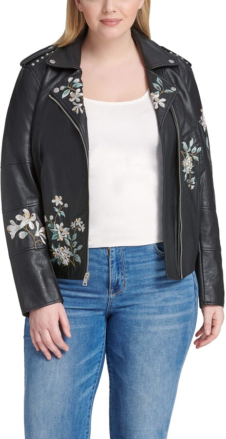 plus size embroidered leather jacket