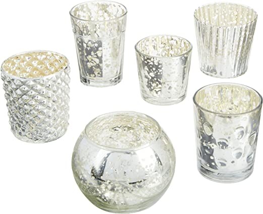 Luna Bazaar Best of Show Vintage Mercury Glass Tealight Votive Candle Holders (Silver, Set of 6, Assorted Designs) - for Weddings, Events, Parties, and Home Décor, Ideal Housewarming Gift