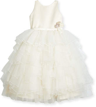 Joan Calabrese Satin & Tiered Tulle Special Occasion Dress, Ivory, Size 2-10