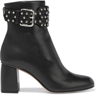 Red(V) Flower Puzzle Buckled Studded Leather Ankle Boots