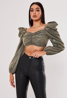 Missguided Petite Gold Glitter Puff Sleeve Ruched Front Crop Top