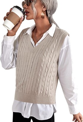 ELESOL Women's V Neck Sweater Vest Sleeveless Sweater Knitwear Tank Top  Soft Knitted Vest Camel XXL - ShopStyle