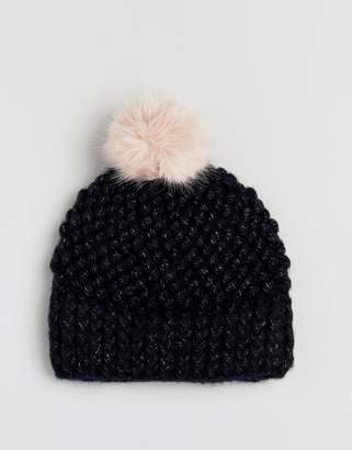 Urban Code Urbancode Soft Knitted Beanie Hat With Contrast Blush Pom Pom