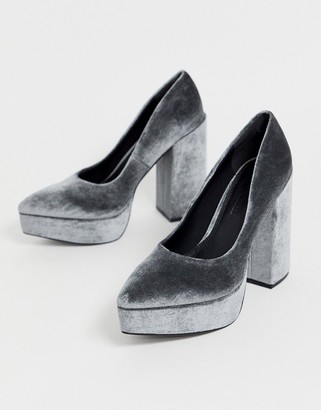 ASOS DESIGN Prime chunky platform high heeled court shoes in grey velvet