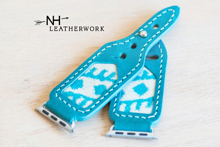 Leather Watch Band, Southwestern Wool Turquoise Aztec Inlay For Apple 38mm 40mm 41mm 42mm 44mm 45mm 49mm Fitbit Versa 2/Lite, Samsung Galaxy