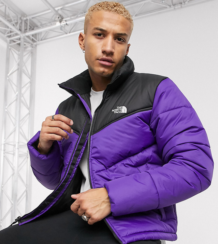 purple north face puffer jacket