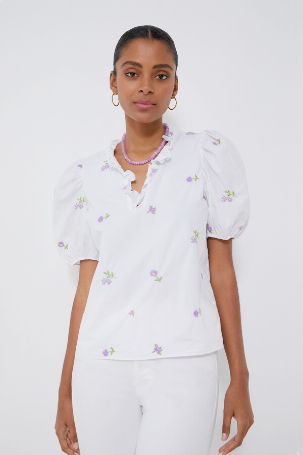 Hyacinth House White and Purple Floral Embroidered Sara Blouse