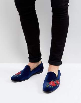 ASOS Loafers In Navy Velvet With Rose Embroidery