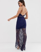 Thumbnail for your product : Love Triangle plunge front maxi dress with eyelash lace train in navy