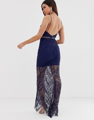 Love Triangle plunge front maxi dress with eyelash lace train in navy