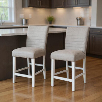 HomeRoots Set of Two 25" Gray and White Velvet and Solid Wood Counter Height Bar Chairs
