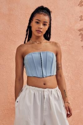 Love Triangle Blue Corset Crop Top - Blue M at Urban Outfitters