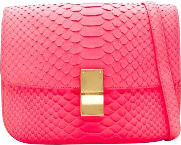 Celine Old Medium Classic Box Bag Neon Pink Scaled Leather Flap Crossbody