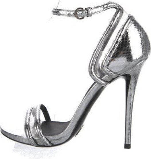 LOUIS VUITTON Silver Matte Metallic Leather Open Toe Heels Rhinestone Shoes  36.5