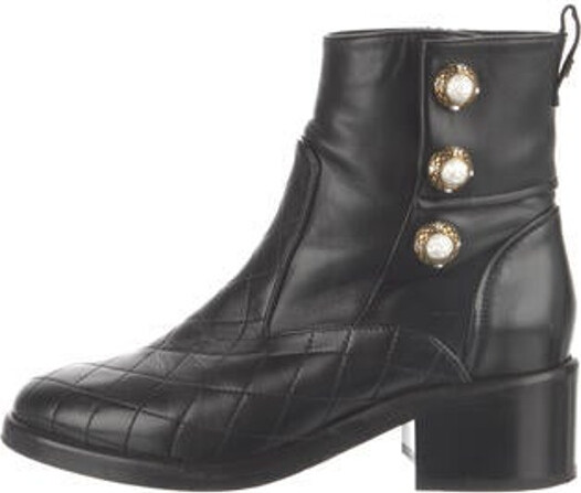 Chanel CC Logo Pearl Accents Calfskin Combat Ankle Boots