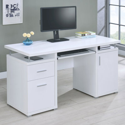 Rochelle White Computer Desk with 2 Drawers and Cabinet