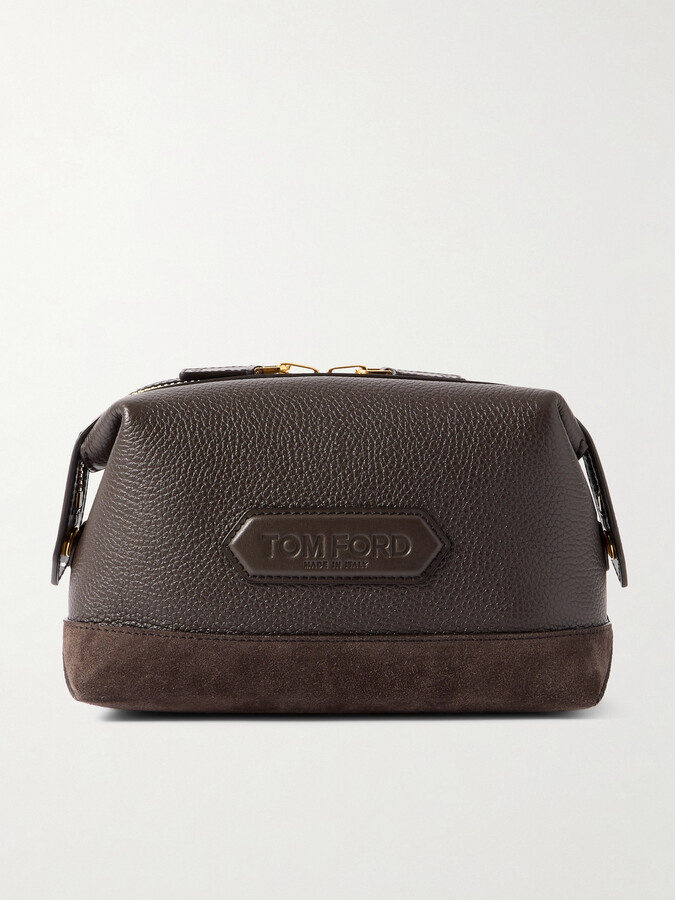 Suede-Trimmed Full-Grain Leather Wash Bag