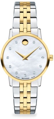 Movado Museum Mother-of-Pearl, Goldplated, Stainless Steel & Diamond-Trim Bracelet Watch