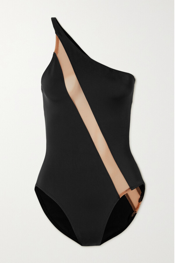Women Fashion One-piece Swimsuit One Shoulder Mesh Stitching Bodysuit EA9