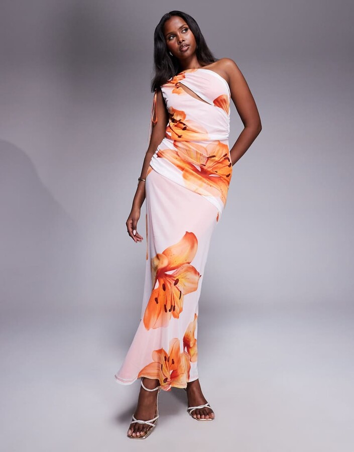 ASOS DESIGN mesh channeled tie one shoulder midi dress with slash cut out in white floral print