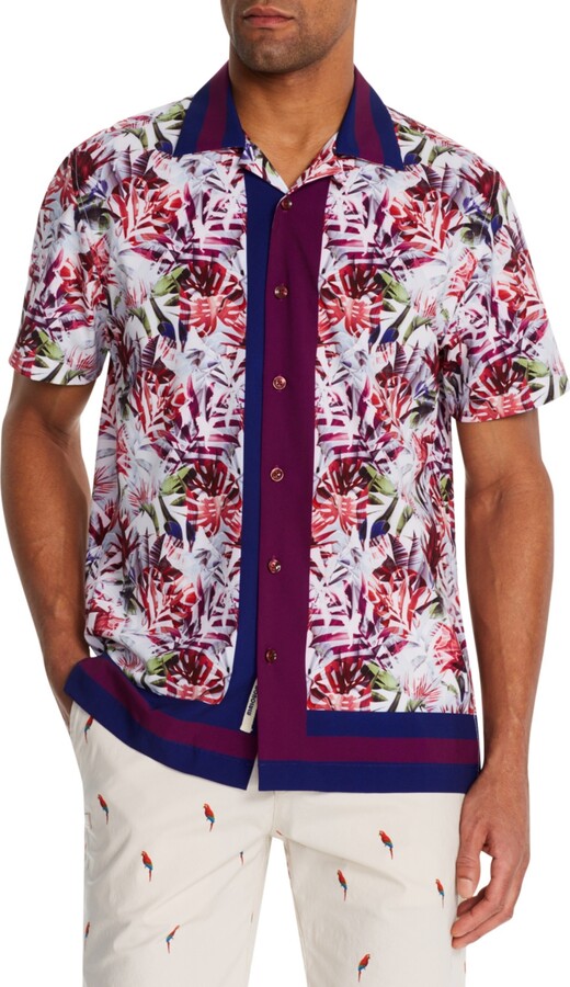 Pandapang Mens Short Sleeve Classic-fit Turn Down Beachwear Printed Button Up Shirts 