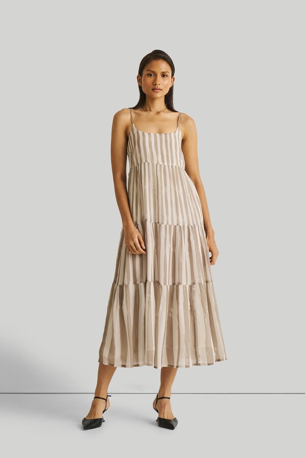 Reistor Strappy Tiered Maxi Dress in Beige Stripes