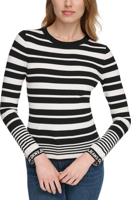 DKNY Women's Striped Logo-Cuff Crewneck Sweater - Black/ivory - ShopStyle