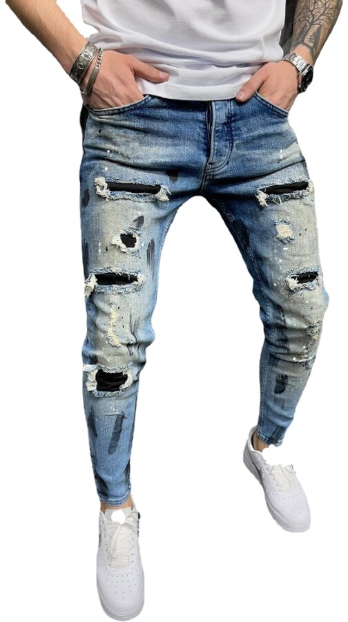 Capabes Men S Fashion Ripped Jeans Slim Comfortable And Versatile Everyday Casual Sports Zipper Closure Denim Trousers Xl Light Blue Shopstyle