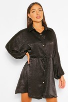 Thumbnail for your product : boohoo Hammered Satin Ruched Waist Shirt Dress