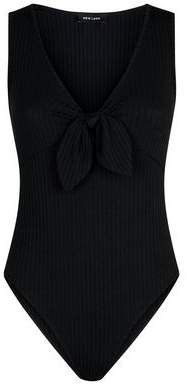 New Look Black Ribbed Tie Front Sleeveless Bodysuit