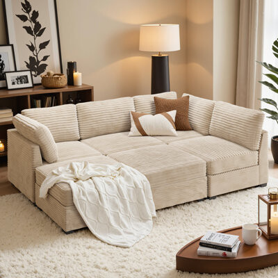 Hogle Modular Sectional Sofa With Ottoman, Plush Corduroy Fabric, Convertible U/L-Shaped Couch With Wide Deep Seats For Living Room