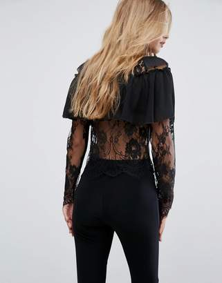 Club L Lace High Neck Overlay Frill Top