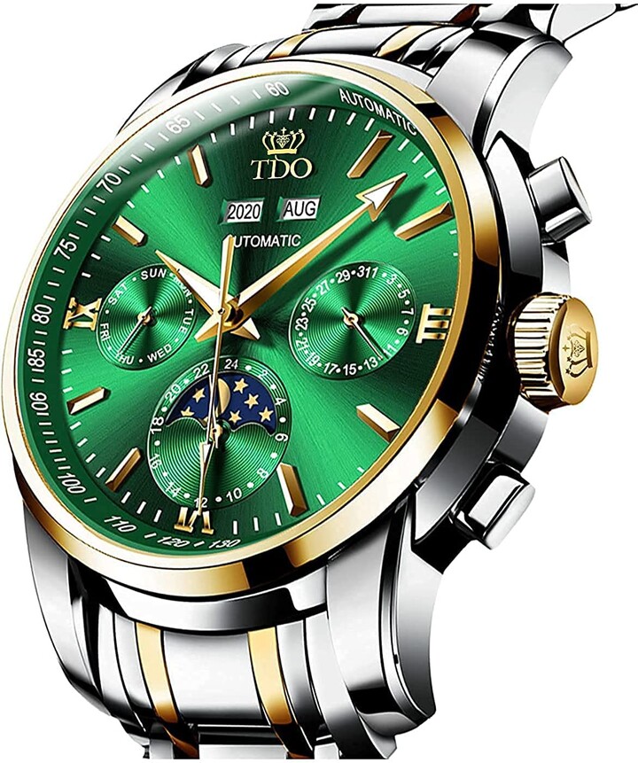 TDO Automatic Mechanical Watches for Men Self Winding no Battery Stainless  Steel Strap Luxury Moon Phase Luminous Waterproof Wrist Watch (Two Tone  Strap & Green Face) - ShopStyle