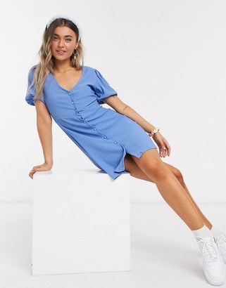 New Look crinkle button front mini dress in mid blue