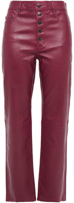 plum leather trousers
