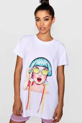 boohoo Face Print Sequin Ribbon Earring T-Shirt
