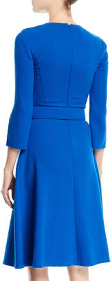 Oscar de la Renta 3/4 Split Sleeve Jewel-Neck Belted A-Line Wool Knee-Length Day Dress